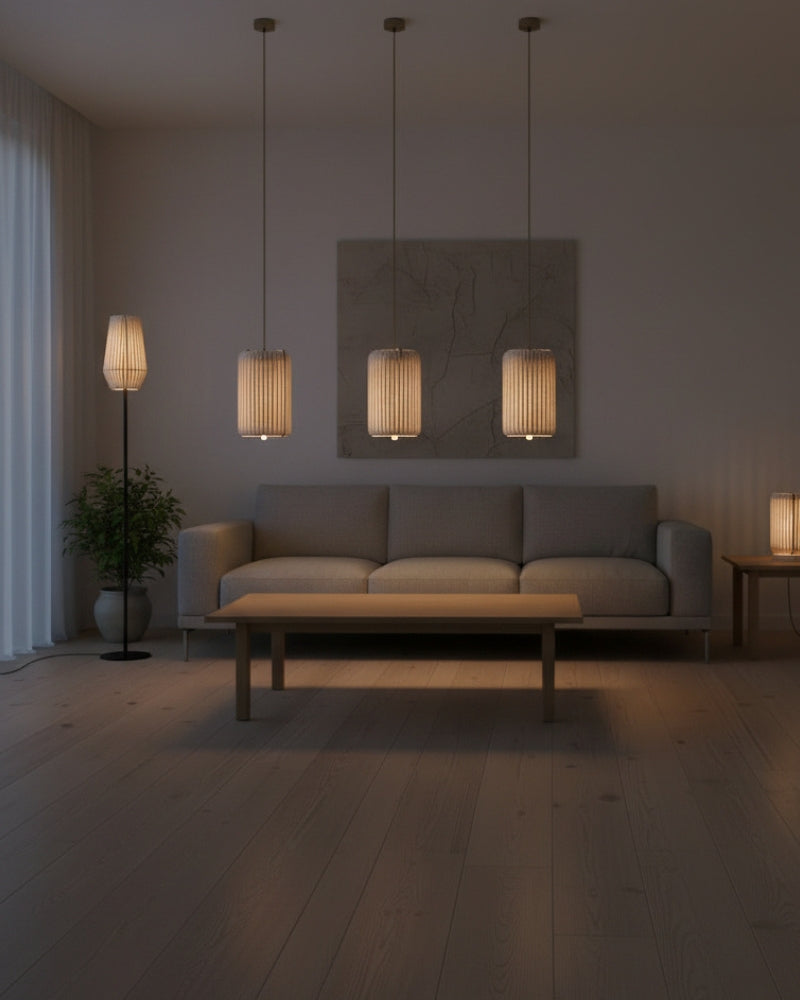 Pendelleuchte aus Wolle und Holz Zylinder klein