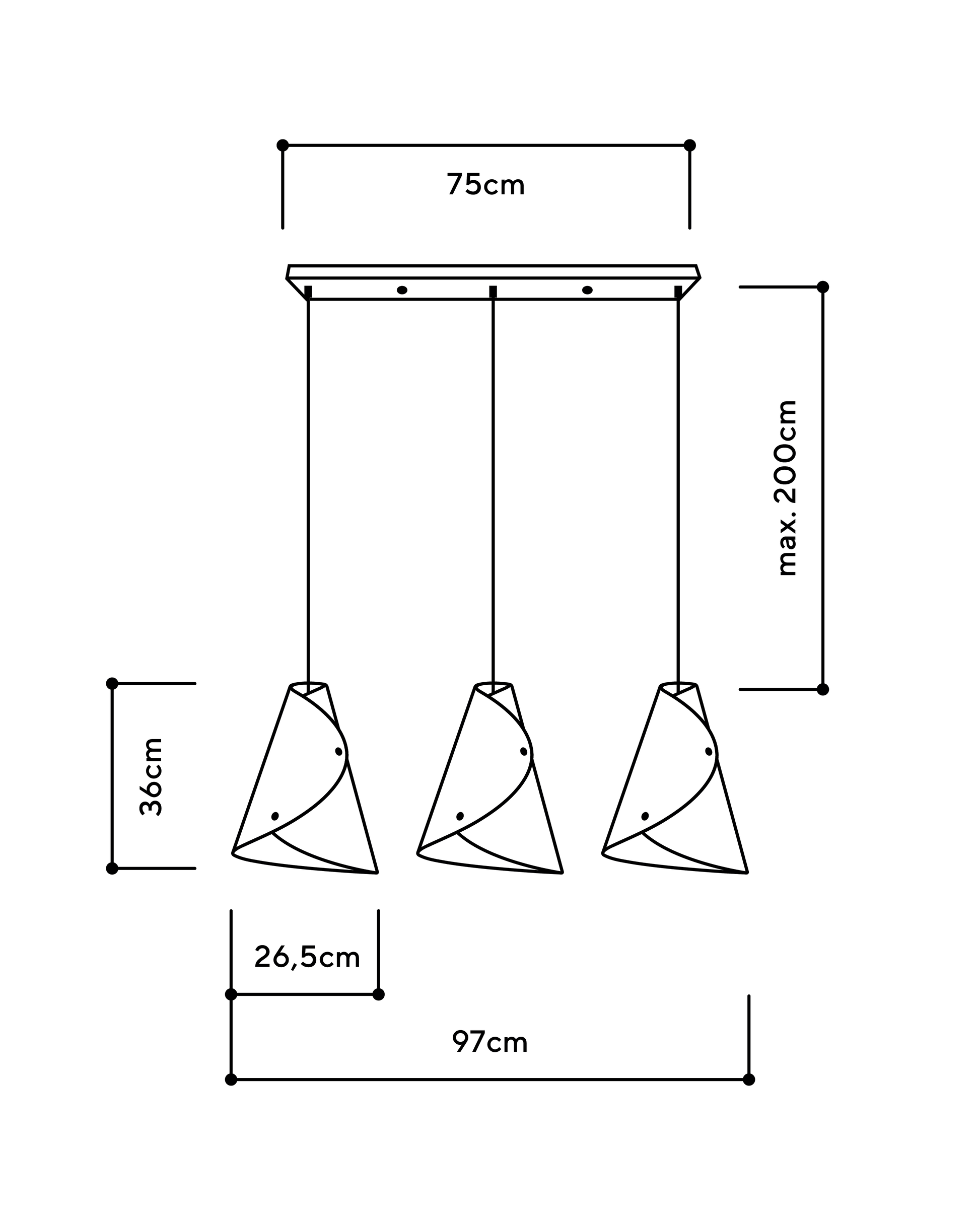 3er Pendelleuchte geschwungen Balkenbaldachin Schwarz