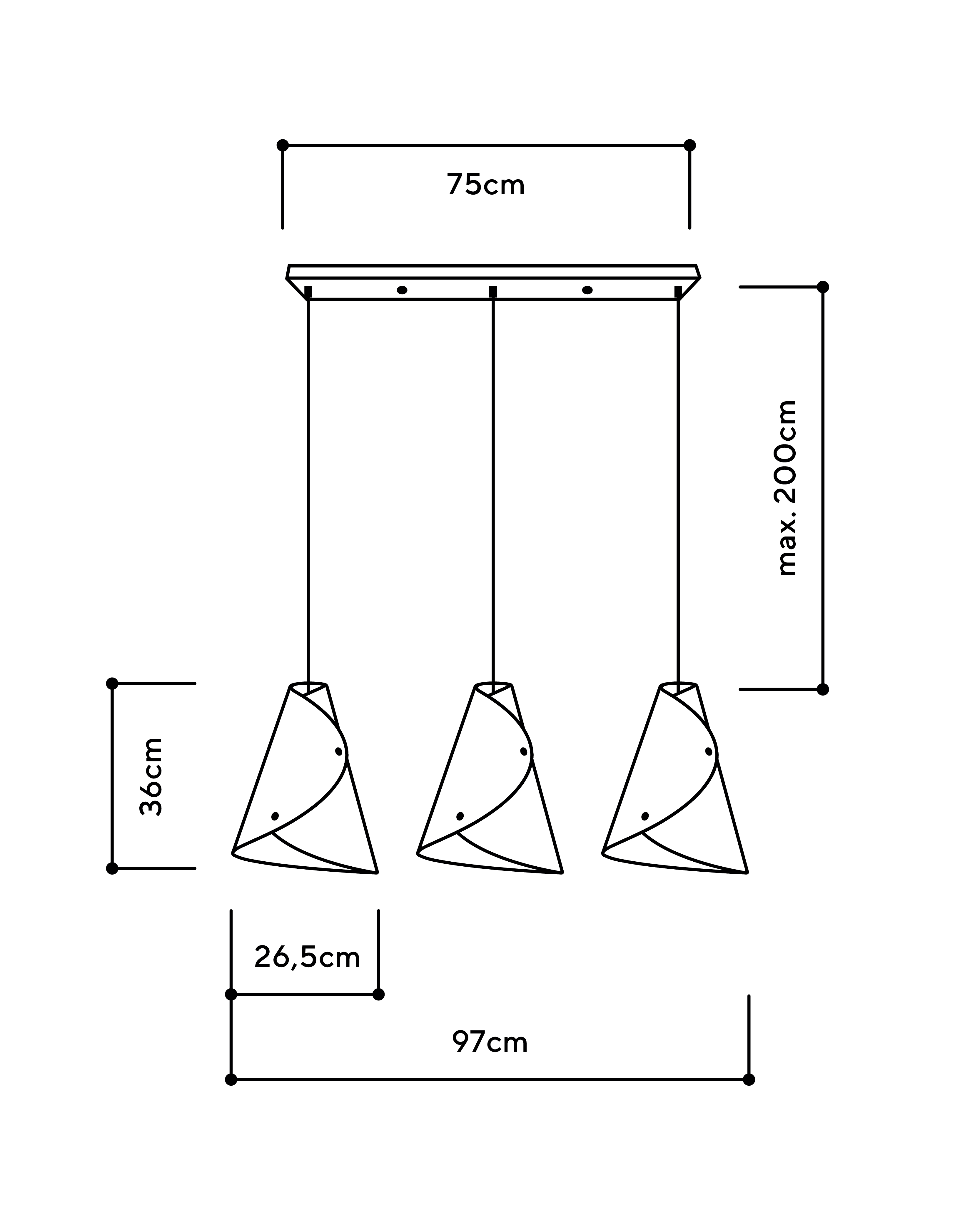 3er Pendelleuchte geschwungen Balkenbaldachin Schwarz